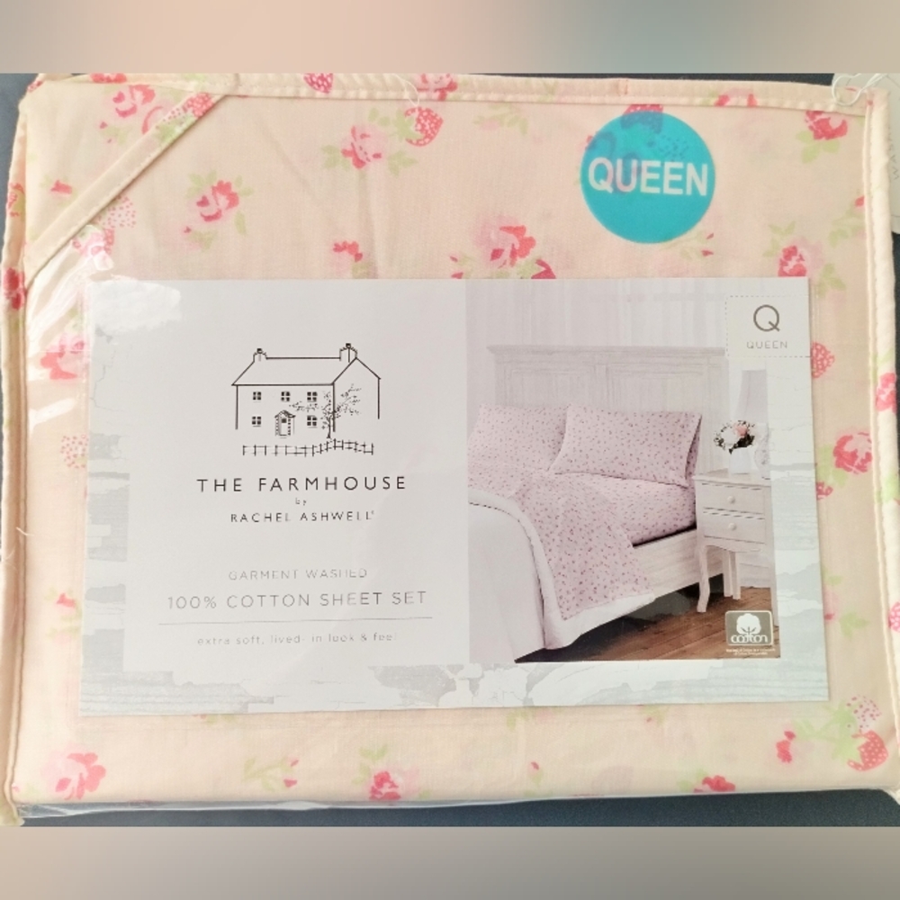 Farmhouse Rachel Ashwell Shabby Chic Cotton QUEEN Sheet Set Pink Berry Floral